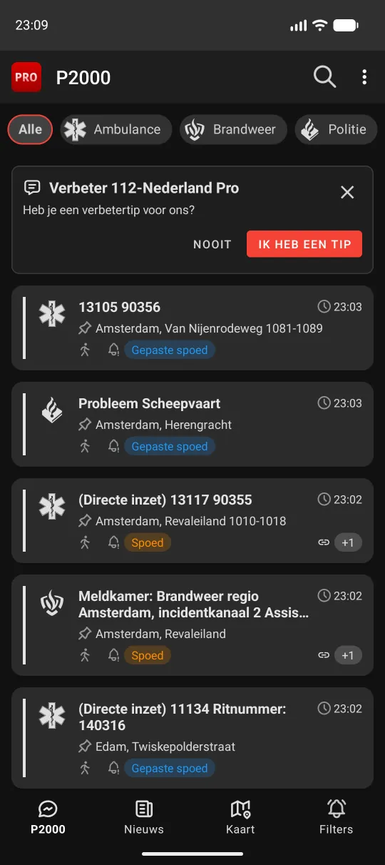 Feedbackbanner met de knoppen Nooit en Ik heb een tip