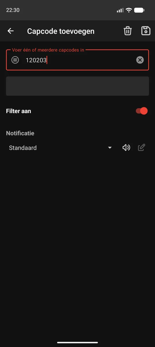 Scherm om handmatig een capcode toe te voegen