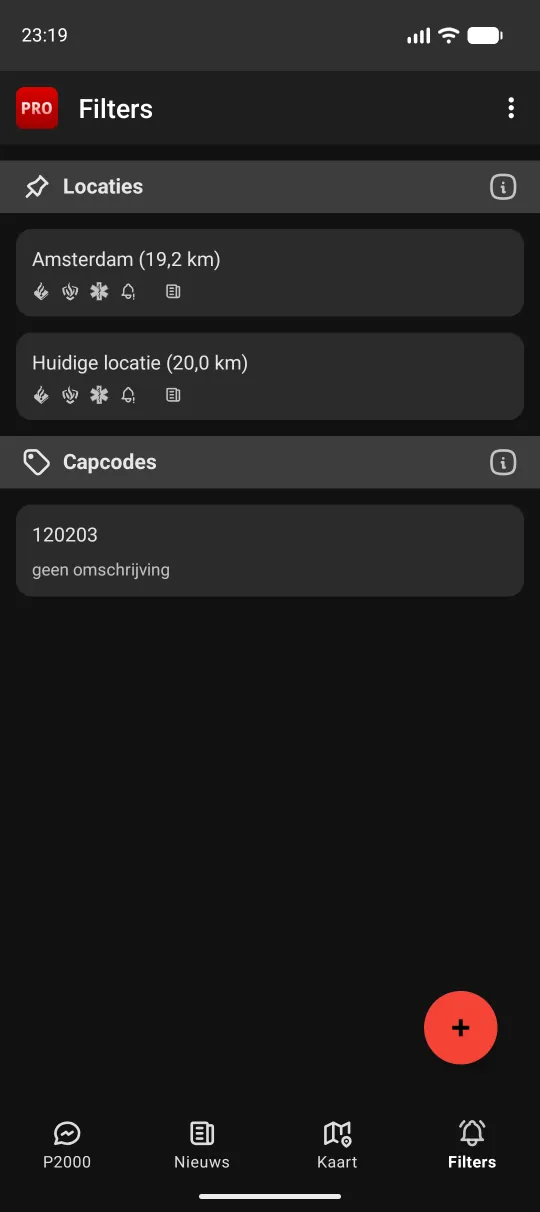 Filters-tabblad met de secties Locaties en Capcodes