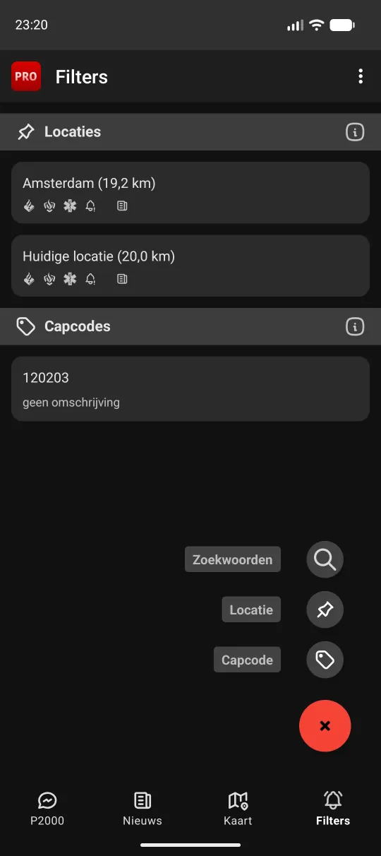 Geopend plusmenu met de opties Locatie, Capcode en Zoekterm