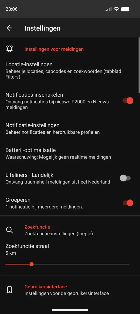 Instellingen, bovenkant met Locatie-instellingen en notificatie-opties
