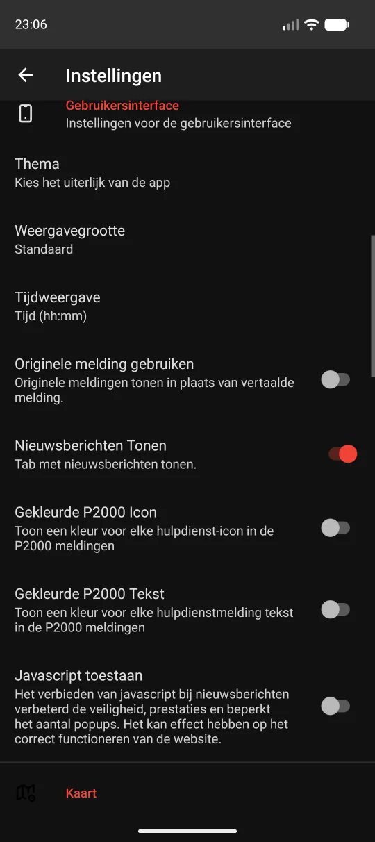 Gebruikersinterface met Thema, Weergavegrootte, Tijdweergave en meer
