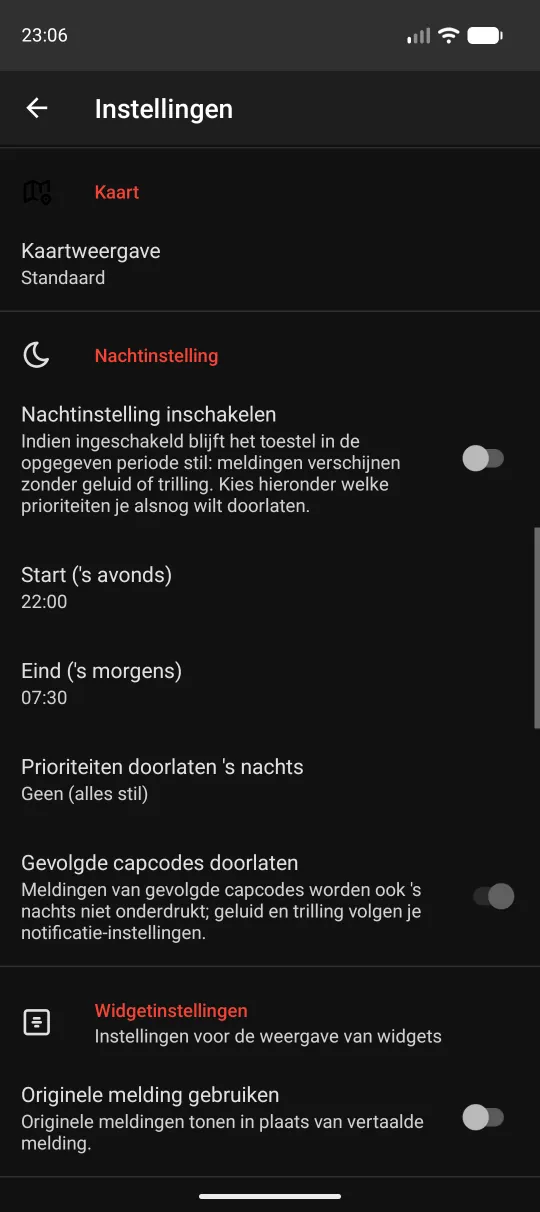 Kaart met Kaartweergave, Nachtinstelling en het begin van Widgetinstellingen