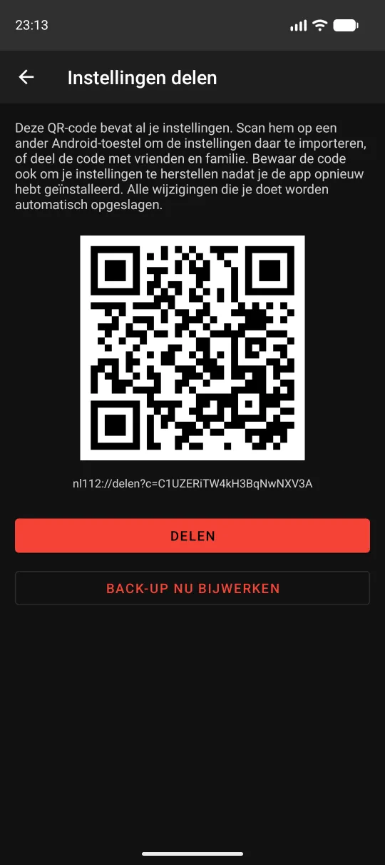 Het scherm Instellingen delen met QR-code en de knoppen Delen en Back-up nu bijwerken