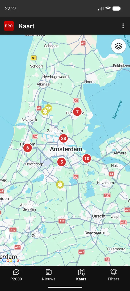 Kaart-tabblad met geclusterde meldingen als rode cirkels