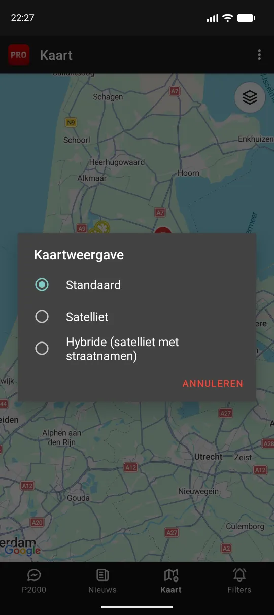 Menu om het kaarttype te wisselen