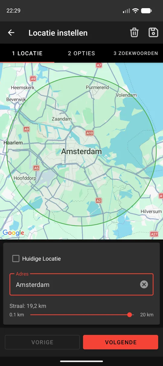 Stap 1 van de locatie-wizard met kaart, adresveld en straal-schuifregelaar
