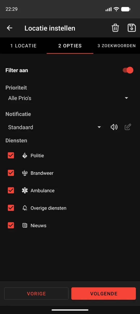 Stap 2 van de locatie-wizard met filter aan/uit, prioriteit, notificatieprofiel en dienst-vinkjes