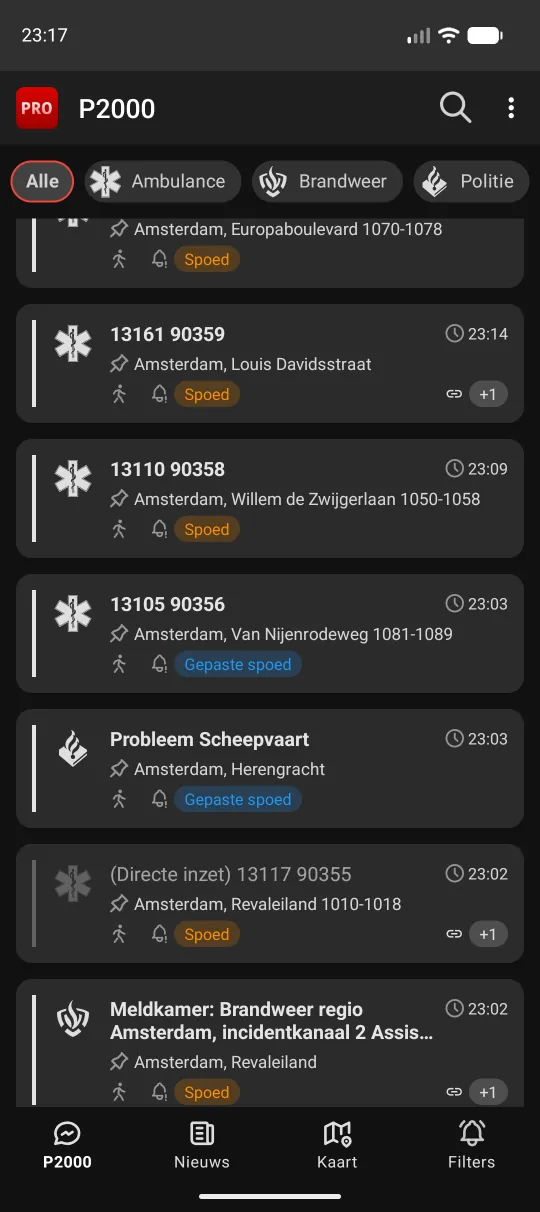 P2000-lijst met een gedimde, al gelezen melding