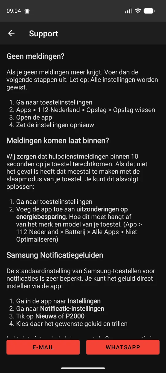 Support-scherm met oplossingen en de knoppen E-mail en Whatsapp