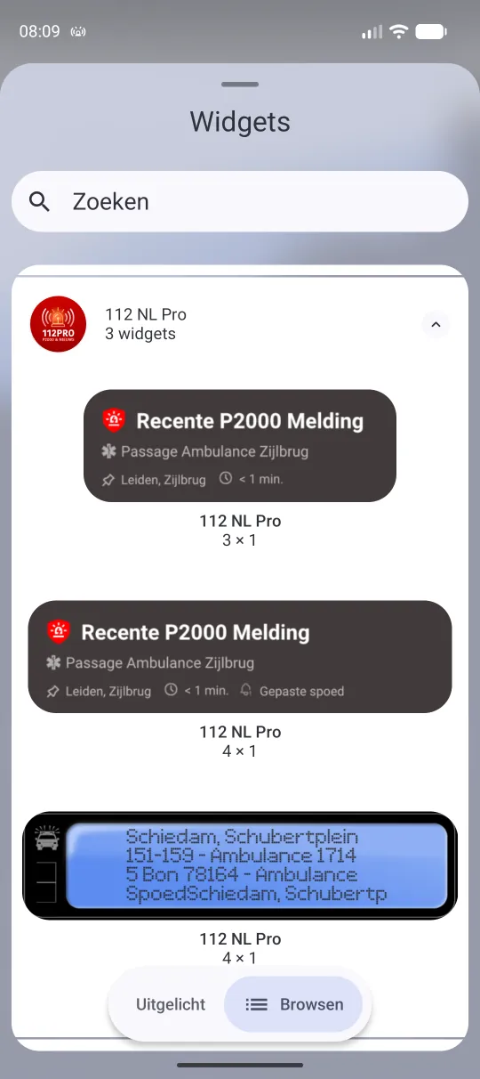 De drie widgets van 112-Nederland naast elkaar in de widgetkiezer