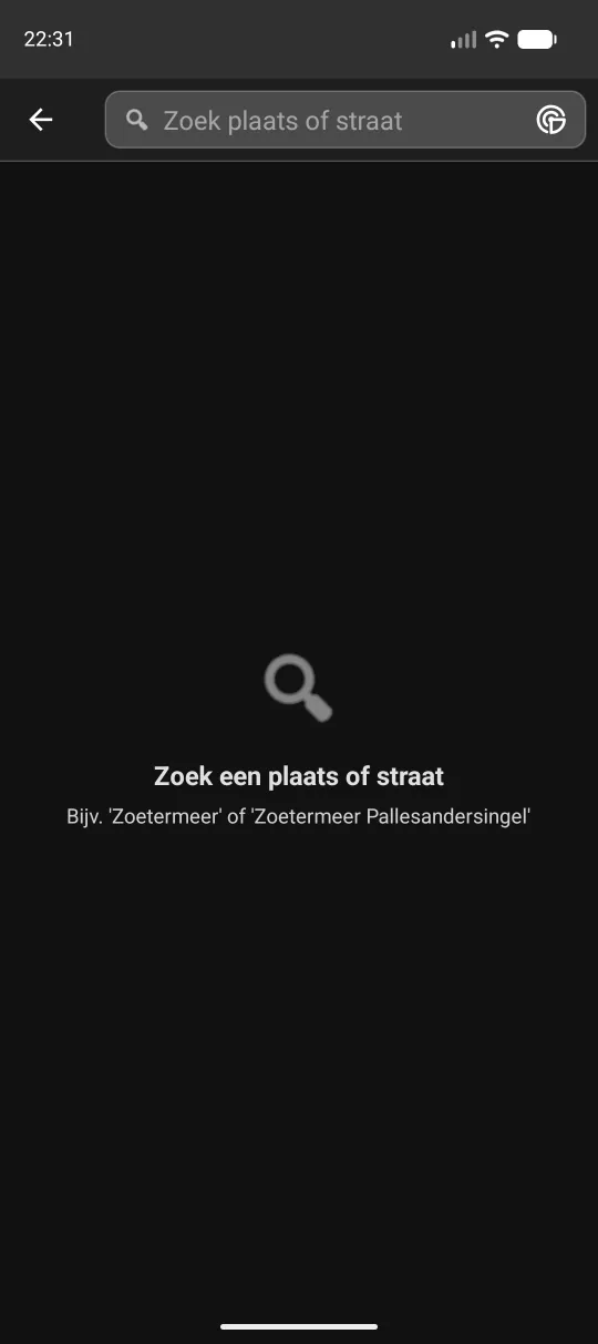 Zoekscherm in lege staat, nog niets ingetypt