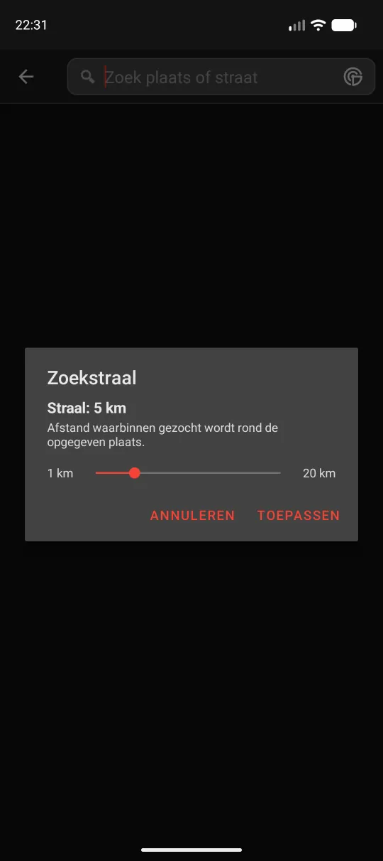 Dialoogvenster om de zoekstraal in te stellen